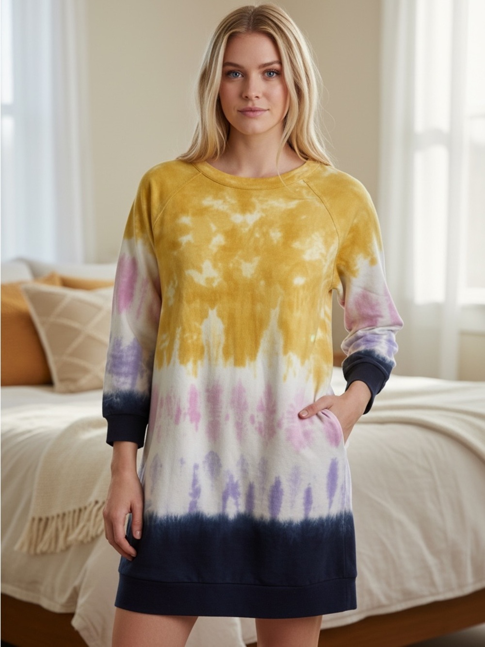THML Tie-Dye Sweatshirt Tunic in Mustard, Pink & Navy